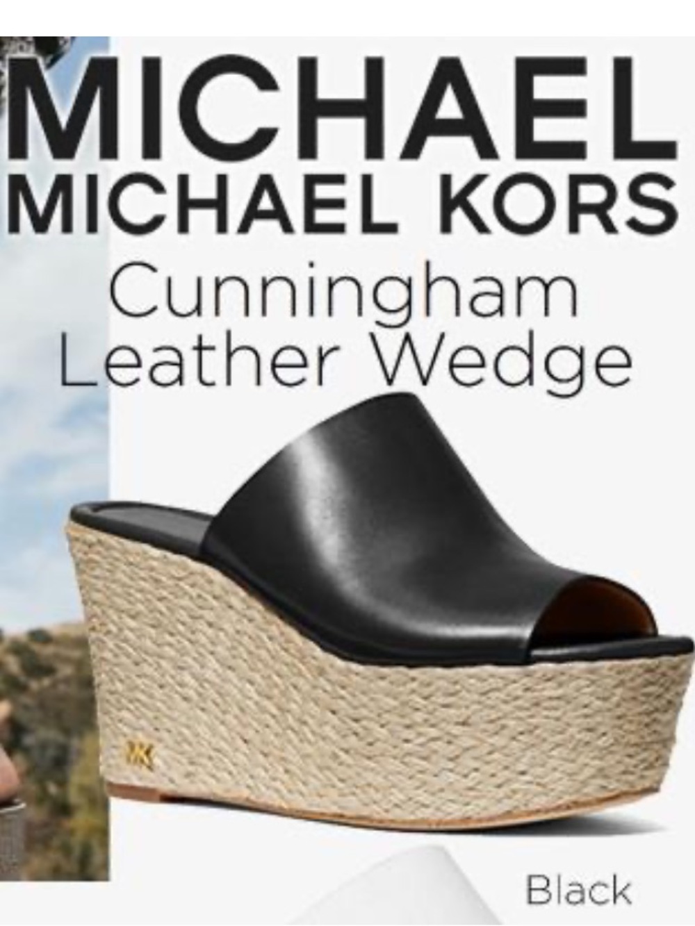 Michael Kors Cunningham Wedge Black Leather Slide Mule Espadrille Size 7
